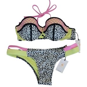 Strapless Mixed-Print Bikini Set in Pink, Yellow and Black